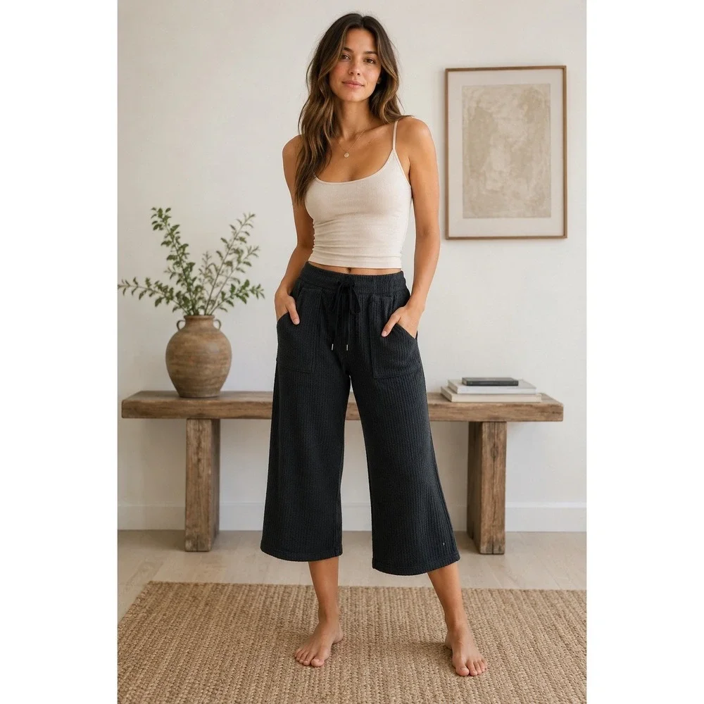 J Crew Pants Womens Large Black Super Cozy Waffle Knit Sleep‎ Pajama Wide Leg